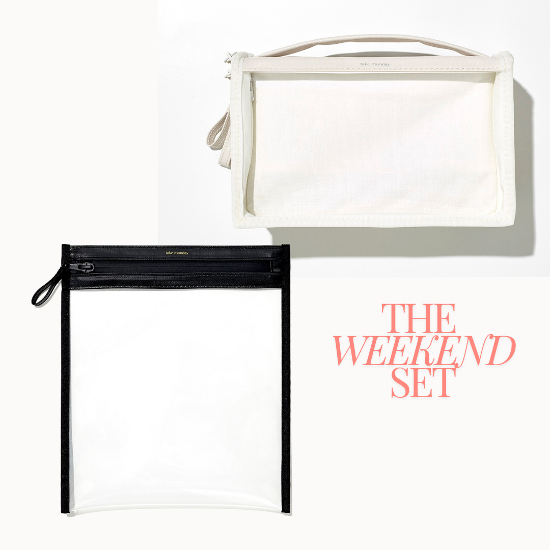 Product photography of two take monday clear travel bags, one white canvas with a top handle and one black trimmed pouch, displayed on a white background with coral text The Weekend Set